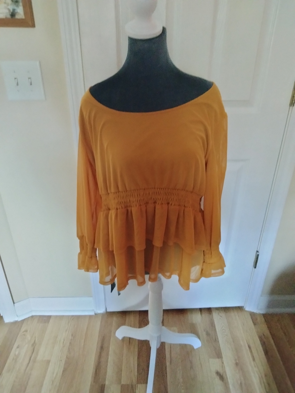 Womens Mustard Ruffle Peasant Blouse
